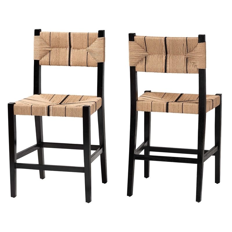 Pemberly Row Paper Loom and Black Mahogany Wood 2-Piece Counter Stool Set