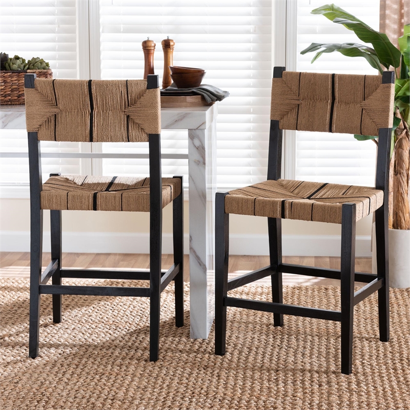 Pemberly Row Paper Loom and Black Mahogany Wood 2-Piece Counter Stool Set