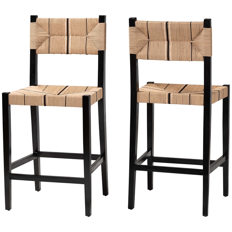 Pemberly Row Paper Loom and Black Mahogany Wood 2-Piece Bar Stool Set