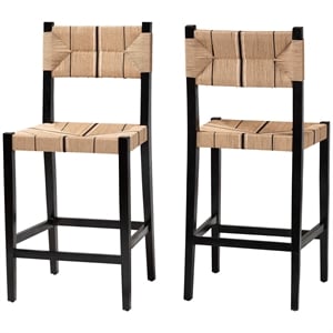 Pemberly Row Paper Loom and Black Mahogany Wood 2-Piece Bar Stool Set