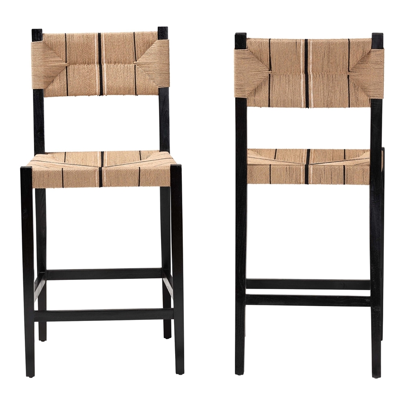 Pemberly Row Paper Loom and Black Mahogany Wood 2-Piece Bar Stool Set