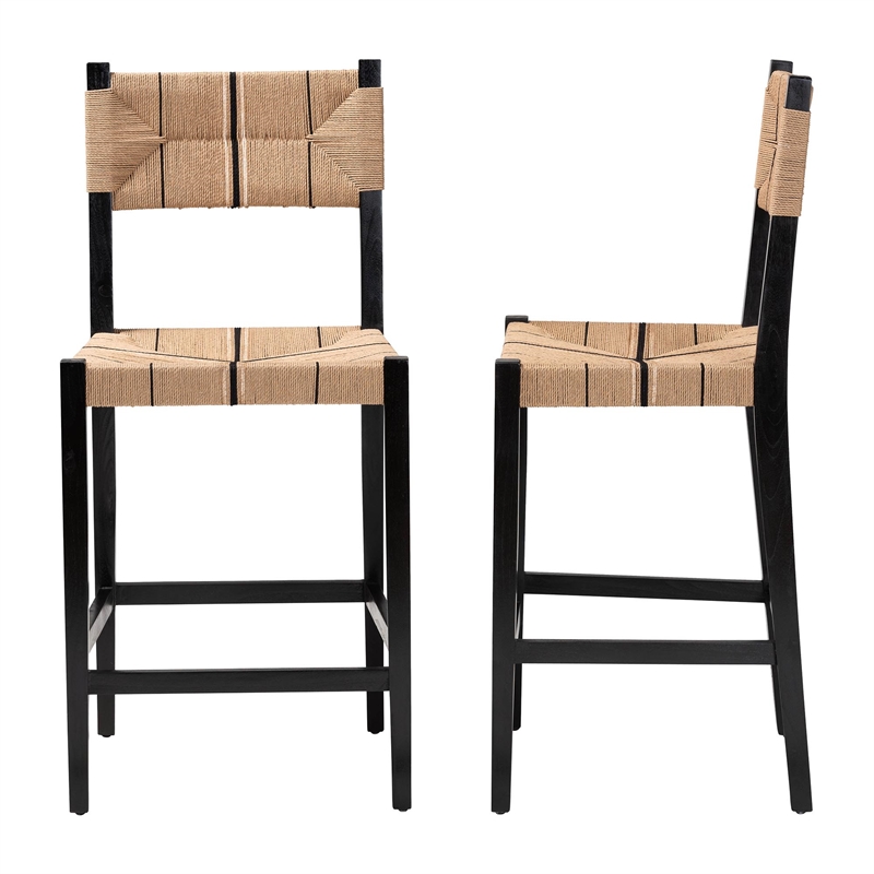 Pemberly Row Paper Loom and Black Mahogany Wood 2-Piece Bar Stool Set