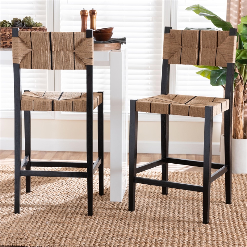 Pemberly Row Paper Loom and Black Mahogany Wood 2-Piece Bar Stool Set