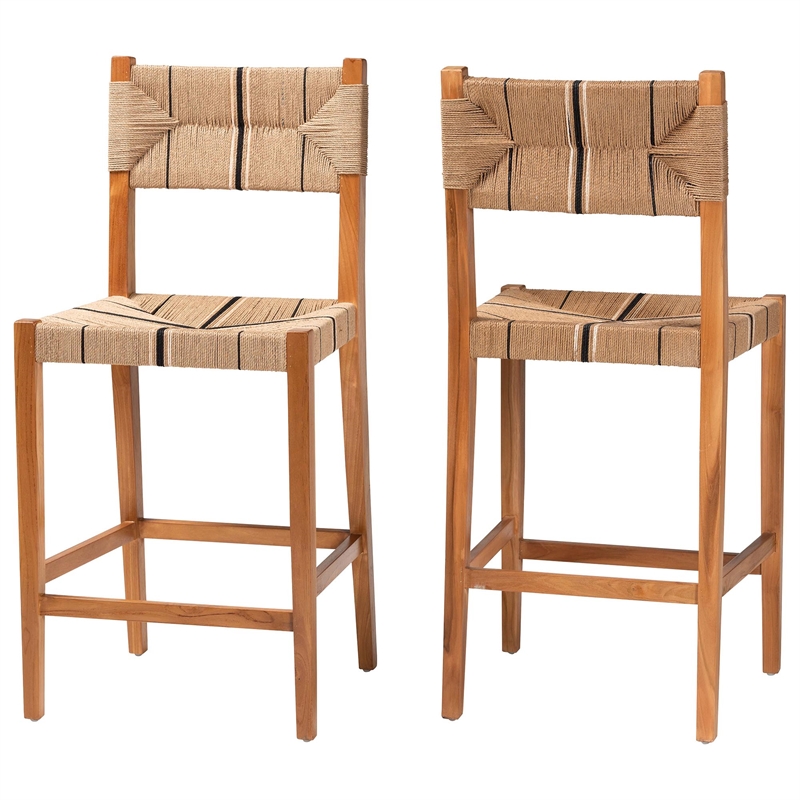 Pemberly Row Paper Loom and Natural Mahogany Wood 2-Piece Bar Stool Set