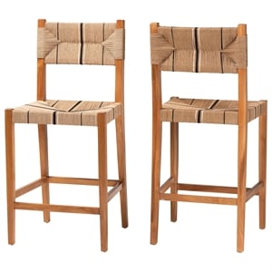 Pemberly Row Paper Loom and Natural Mahogany Wood 2-Piece Bar Stool Set