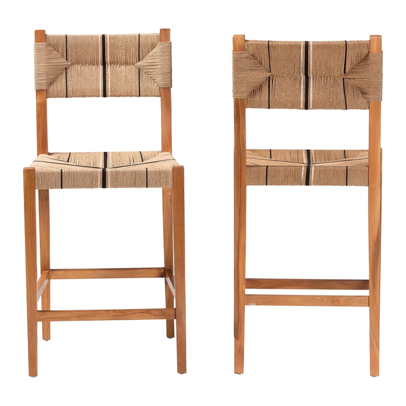 Pemberly Row Paper Loom and Natural Mahogany Wood 2-Piece Bar Stool Set