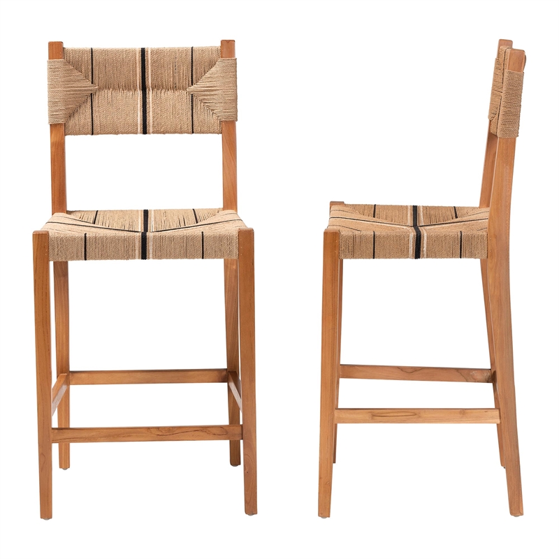 Pemberly Row Paper Loom and Natural Mahogany Wood 2-Piece Bar Stool Set