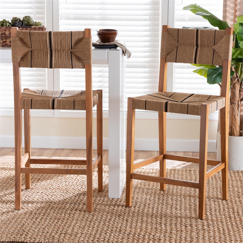 Pemberly Row Paper Loom and Natural Mahogany Wood 2-Piece Bar Stool Set