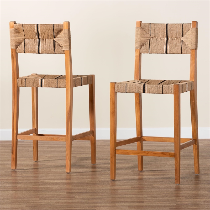 Pemberly Row Paper Loom and Natural Mahogany Wood 2-Piece Bar Stool Set