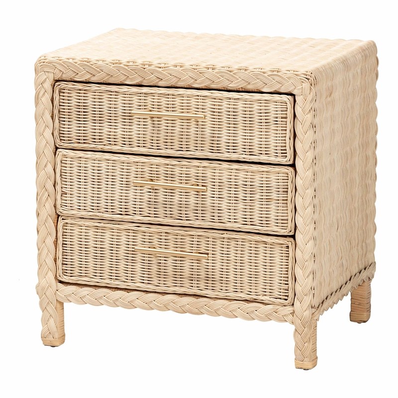 Pemberly Row Sun-Bleached Rattan 3-Drawer Nightstand with Braided Detail