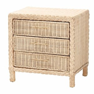 Pemberly Row Sun-Bleached Rattan 3-Drawer Nightstand with Braided Detail