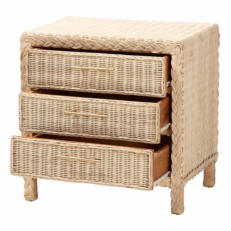 Pemberly Row Sun-Bleached Rattan 3-Drawer Nightstand with Braided Detail