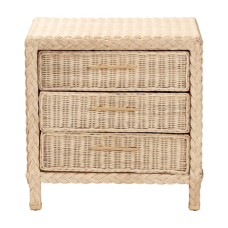 Pemberly Row Sun-Bleached Rattan 3-Drawer Nightstand with Braided Detail