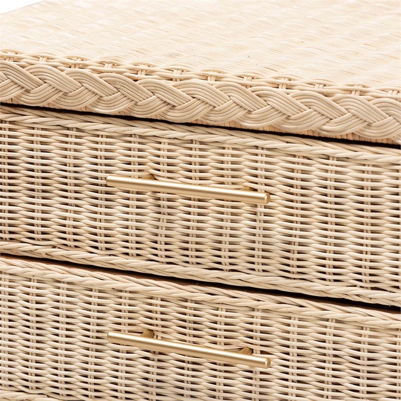 Pemberly Row Sun-Bleached Rattan 3-Drawer Nightstand with Braided Detail