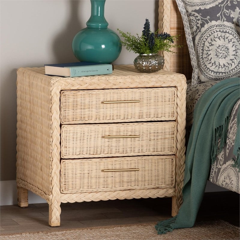 Pemberly Row Sun-Bleached Rattan 3-Drawer Nightstand with Braided Detail