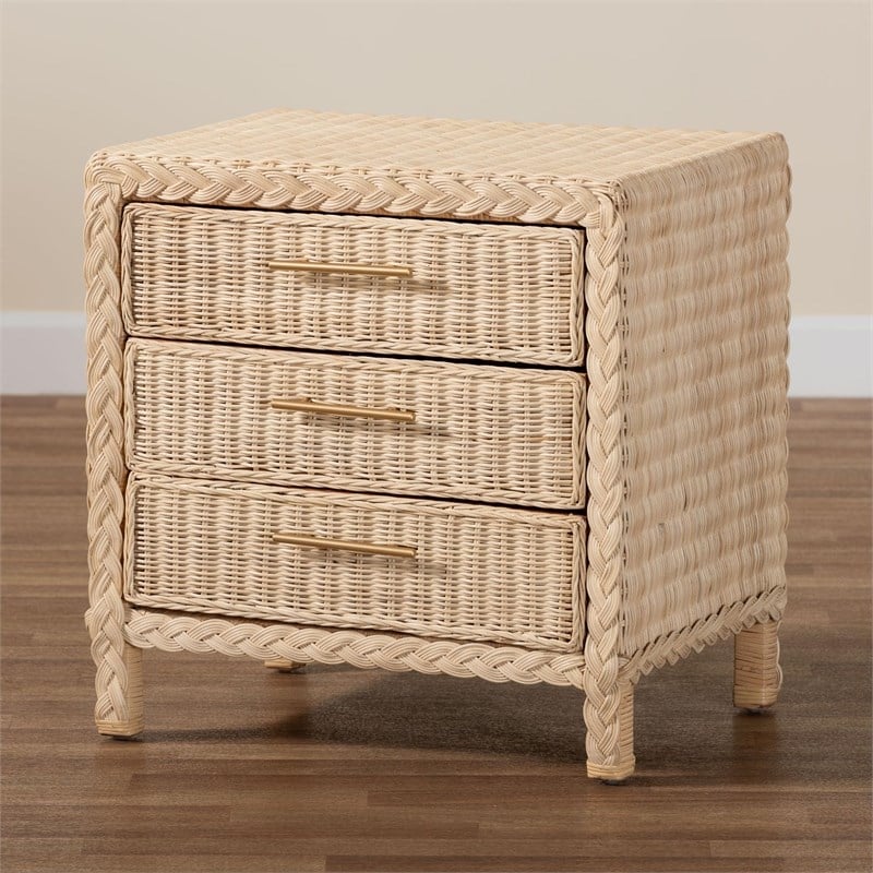 Pemberly Row Sun-Bleached Rattan 3-Drawer Nightstand with Braided Detail