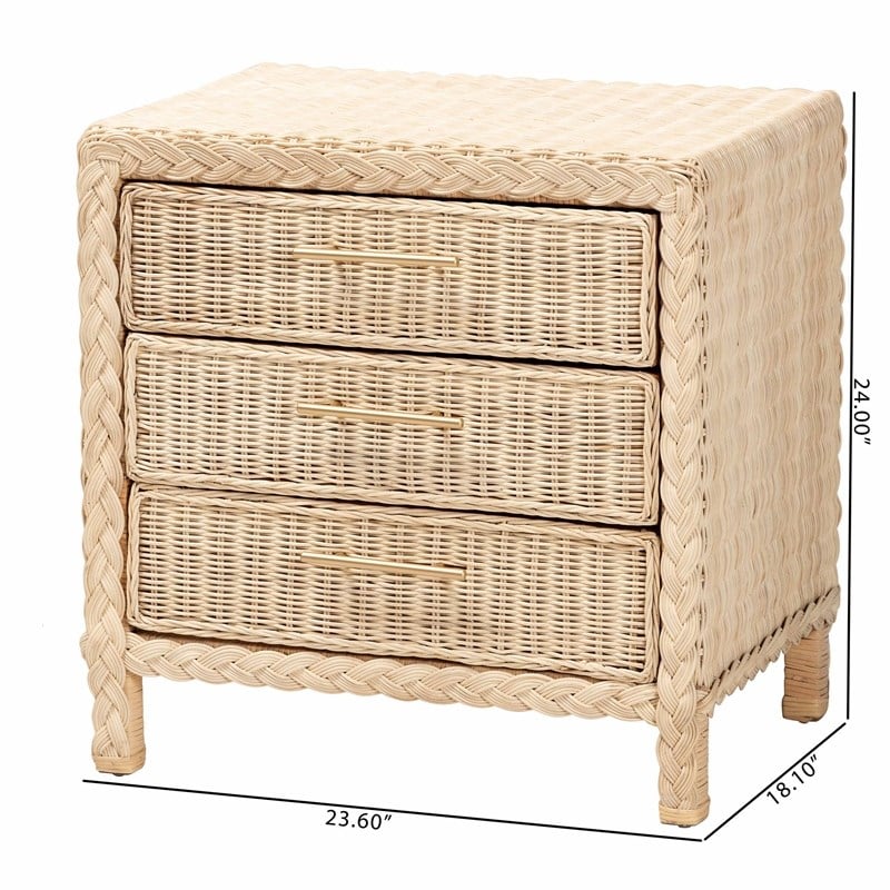 Pemberly Row Sun-Bleached Rattan 3-Drawer Nightstand with Braided Detail