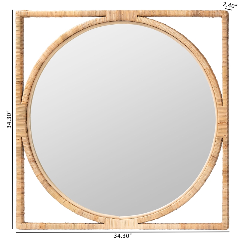 Pemberly Row Contemporary Natural Rattan Square-Frame Round Wall Mirror