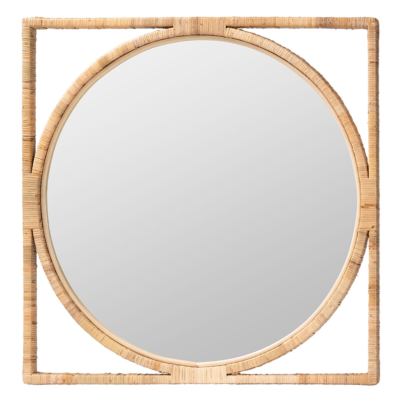 Pemberly Row Contemporary Natural Rattan Square-Frame Round Wall Mirror