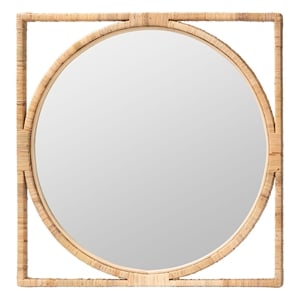 Pemberly Row Contemporary Natural Rattan Square-Frame Round Wall Mirror