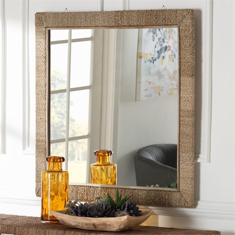 Pemberly Row Natural Seagrass and Mahogany Wood Square Wall Mirror