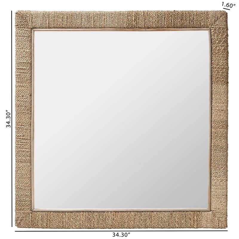 Pemberly Row Natural Seagrass and Mahogany Wood Square Wall Mirror