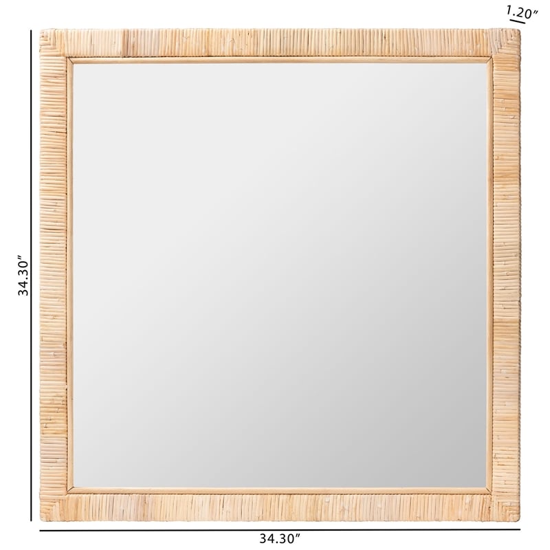 Pemberly Row Natural Rattan and Mahogany Wood Square Accent Wall Mirror
