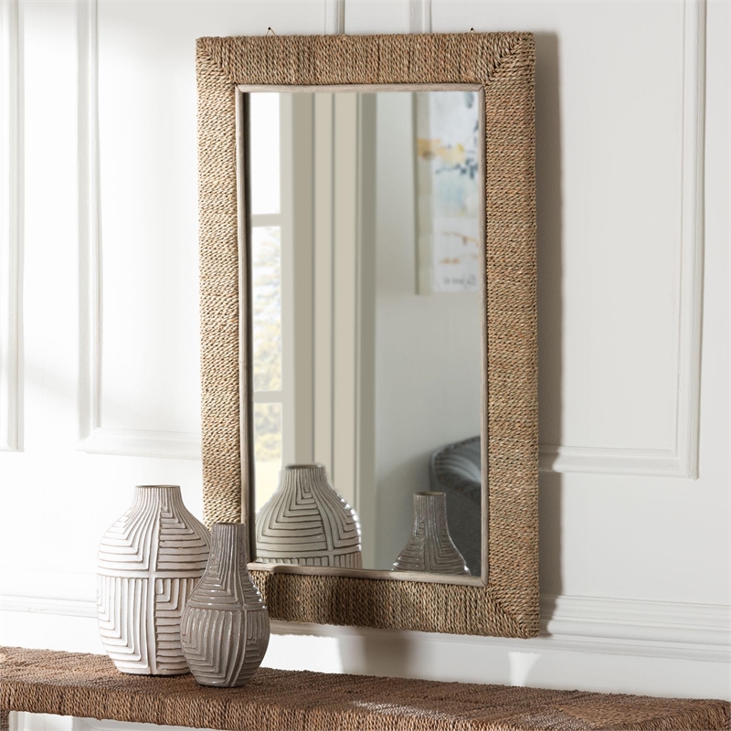 Pemberly Row Natural Seagrass and Mahogany Wood Rectangular Wall Mirror