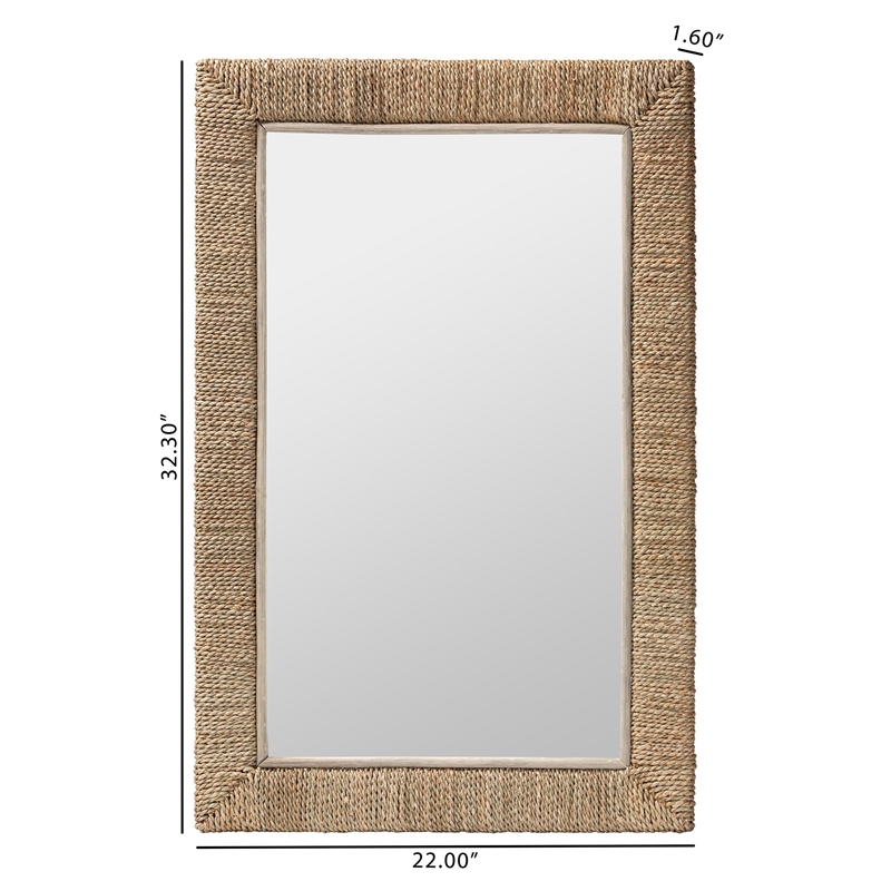 Pemberly Row Natural Seagrass and Mahogany Wood Rectangular Wall Mirror