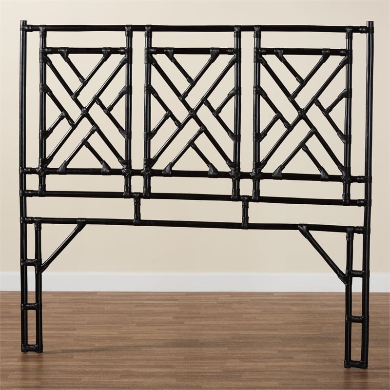 Pemberly Row Black Rattan Queen Standalone Headboard with Geometric Openwork