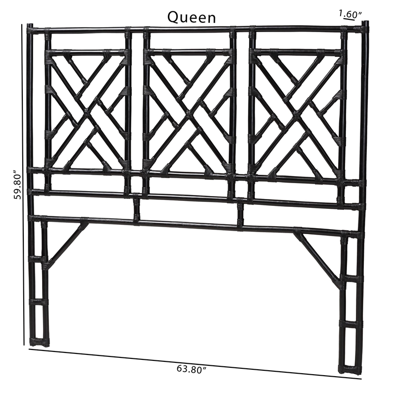 Pemberly Row Black Rattan Queen Standalone Headboard with Geometric Openwork
