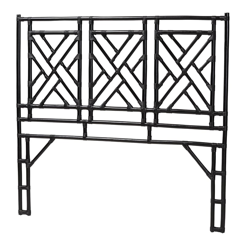 Pemberly Row Black Rattan Queen Standalone Headboard with Geometric Openwork