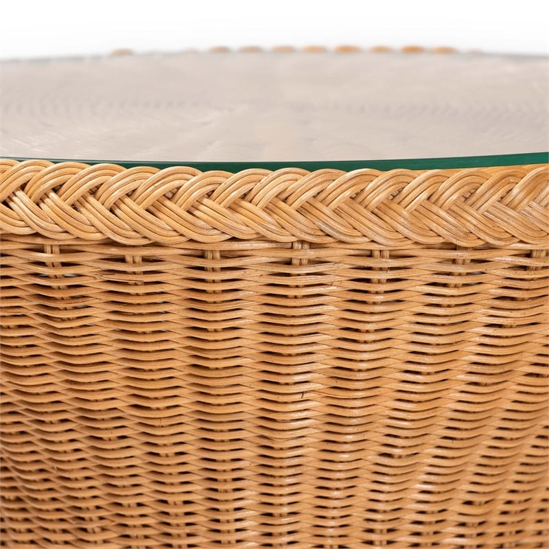 Pemberly Row Light Honey Braided Rattan Hourglass End Table with Glass Top