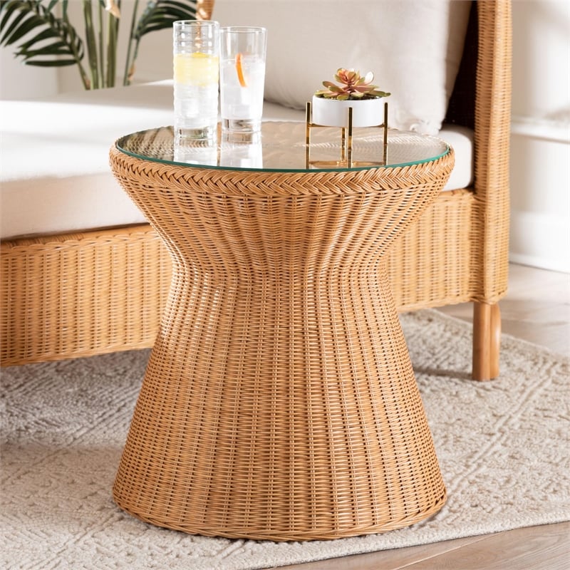 Pemberly Row Light Honey Braided Rattan Hourglass End Table with Glass Top