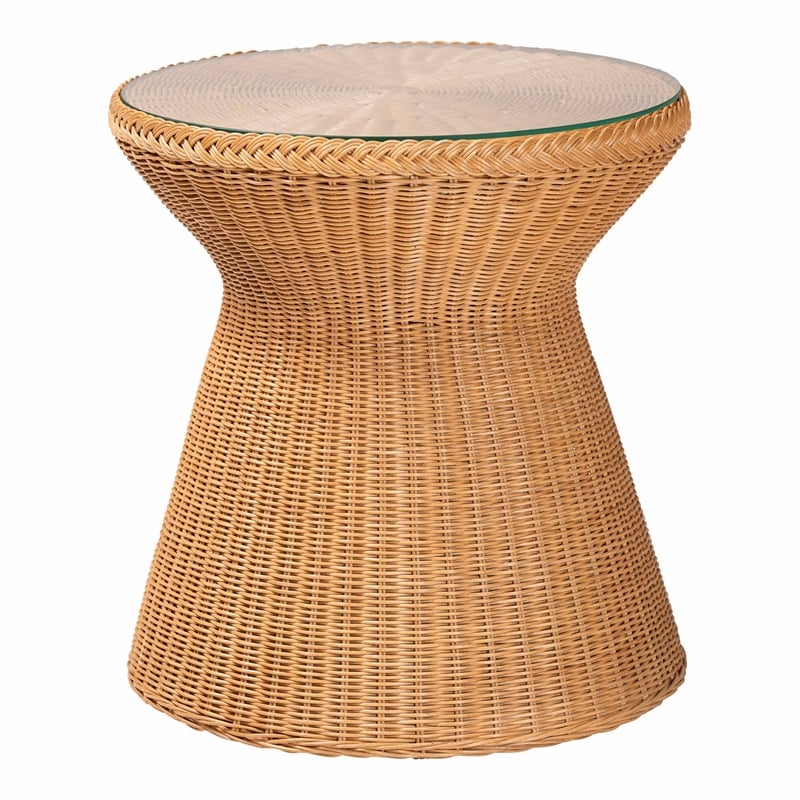 Pemberly Row Light Honey Braided Rattan Hourglass End Table with Glass Top