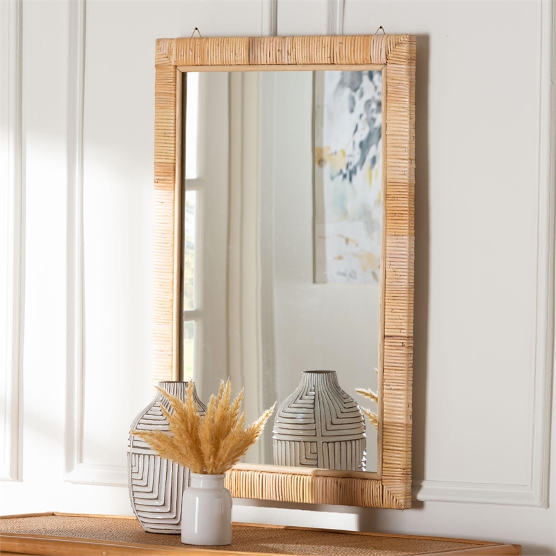 Pemberly Row Natural Rattan and Mahogany Wood Rectangle Accent Wall Mirror