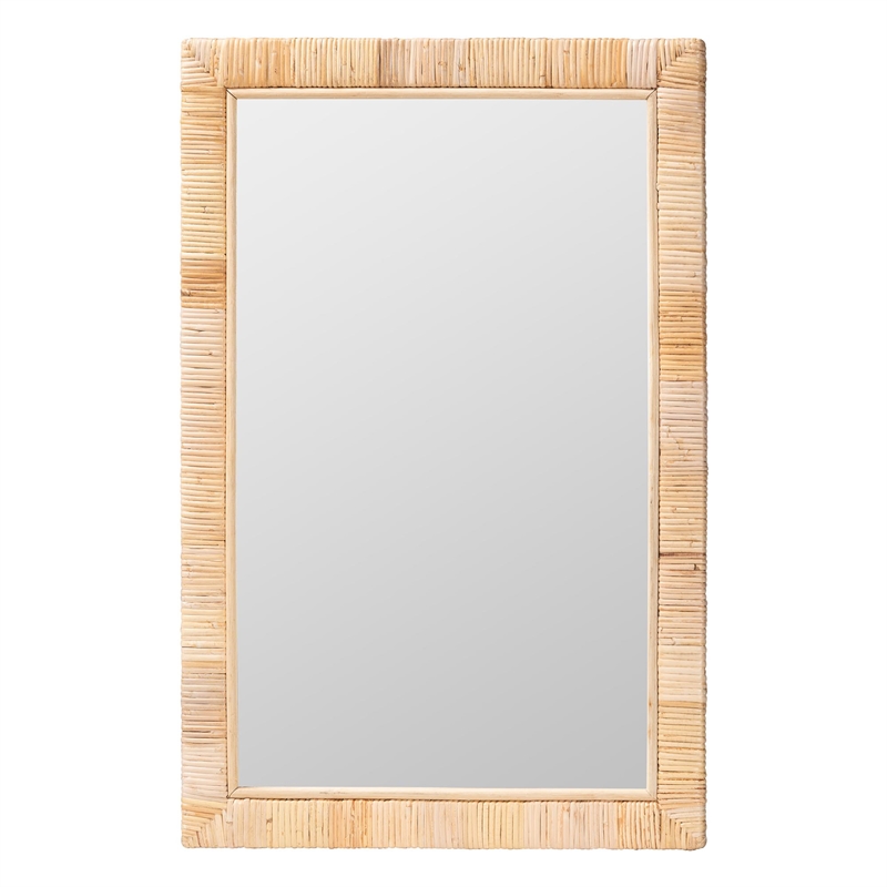 Pemberly Row Natural Rattan and Mahogany Wood Rectangle Accent Wall Mirror