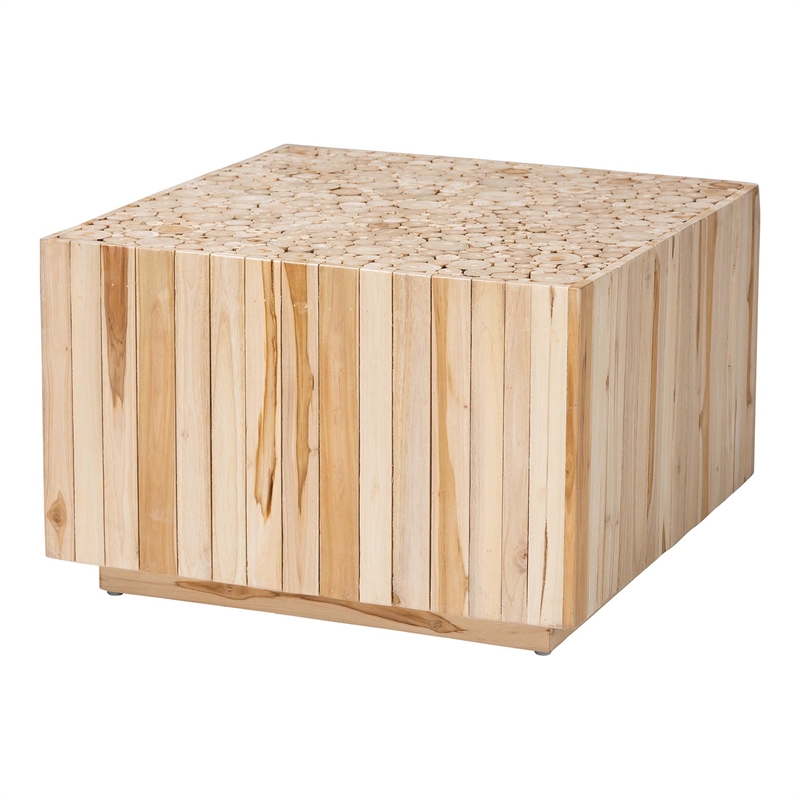 Pemberly Row Teak Wood Coffee Table with Repurposed Wood Log Base
