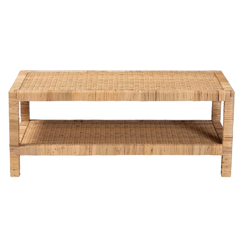 Pemberly Row Light Honey Rattan and Wood Rectangular Coffee Table with Shelf