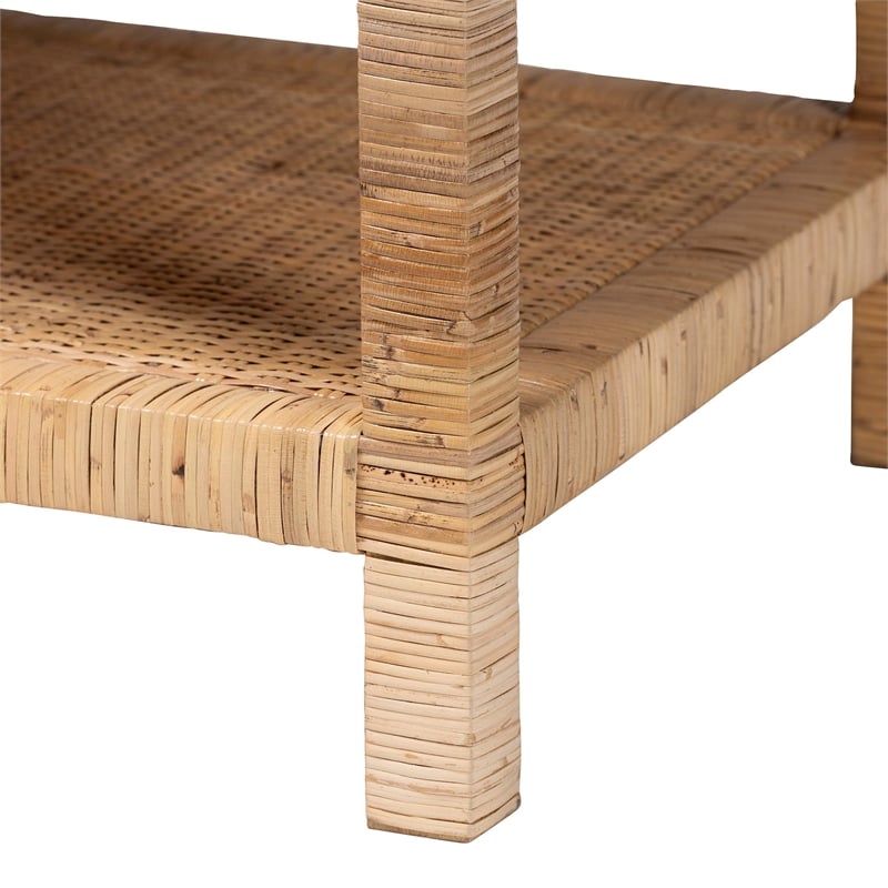 Pemberly Row Light Honey Rattan and Wood Rectangular Coffee Table with Shelf