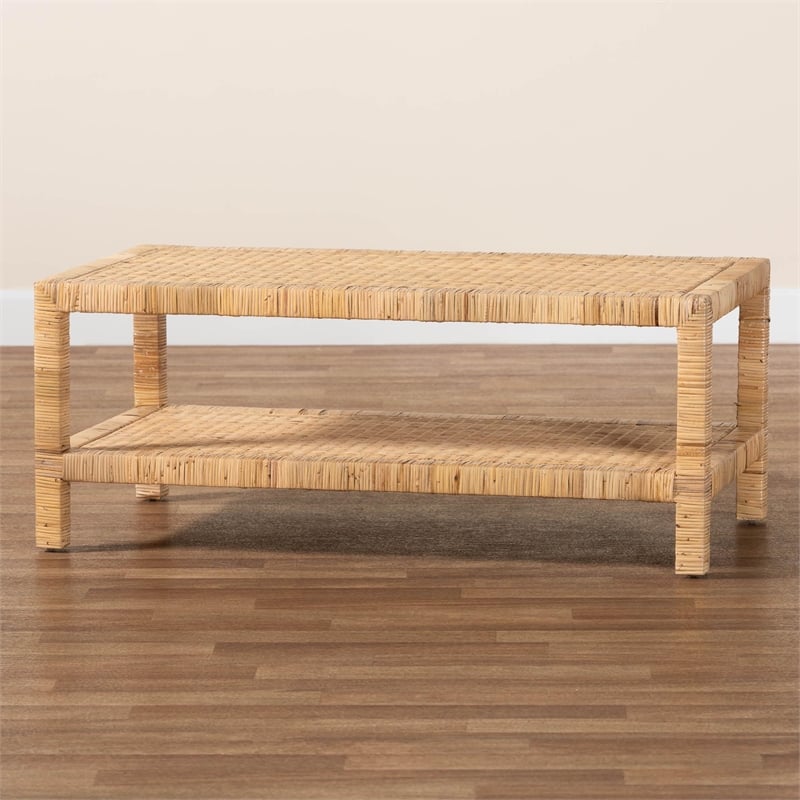 Pemberly Row Light Honey Rattan and Wood Rectangular Coffee Table with Shelf