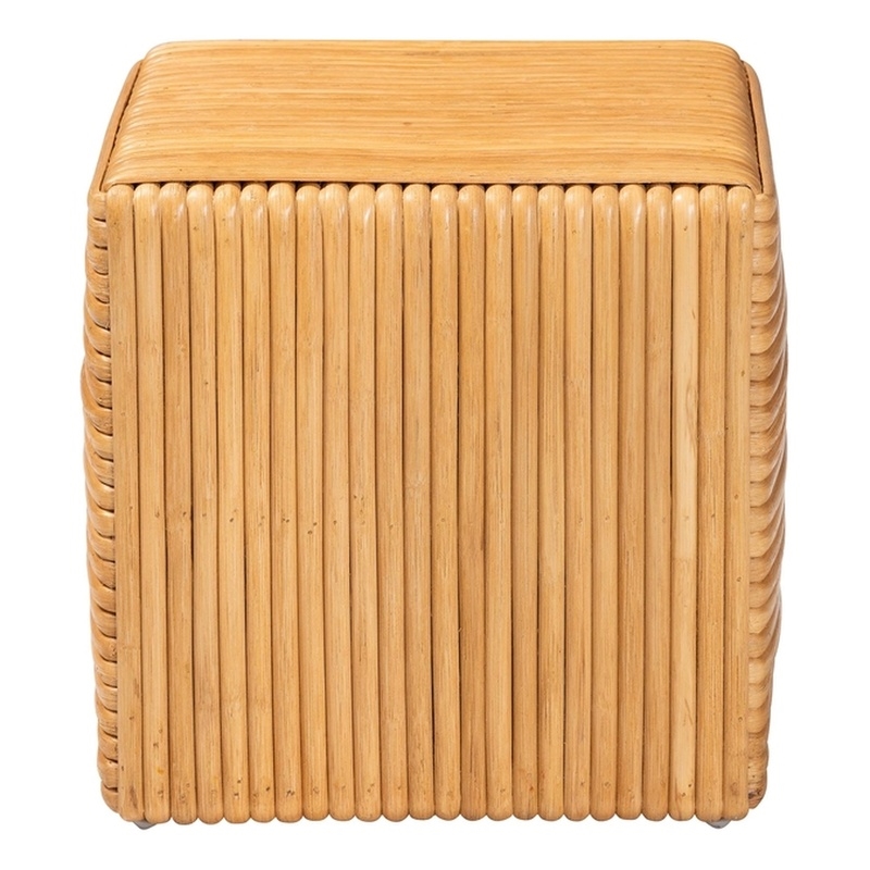 Pemberly Row Light Honey Rattan and Mahogany Wood Square Footstool