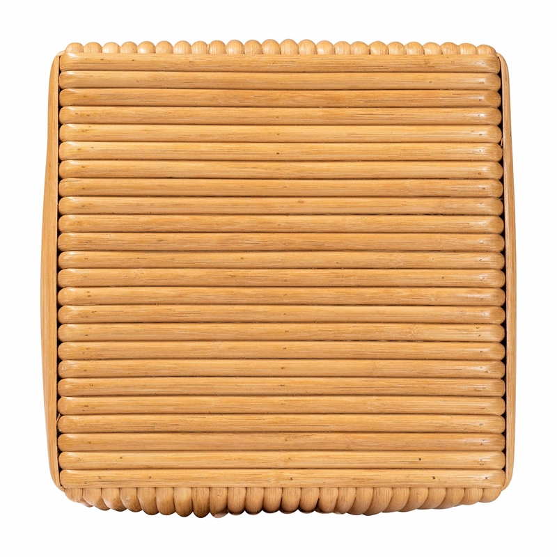 Pemberly Row Light Honey Rattan and Mahogany Wood Square Footstool