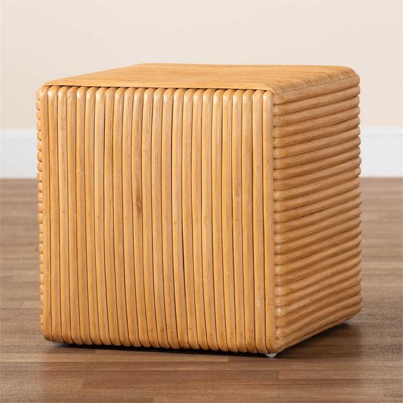 Pemberly Row Light Honey Rattan and Mahogany Wood Square Footstool