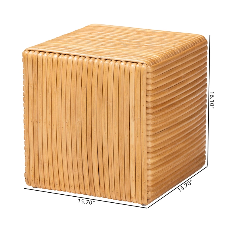 Pemberly Row Light Honey Rattan and Mahogany Wood Square Footstool