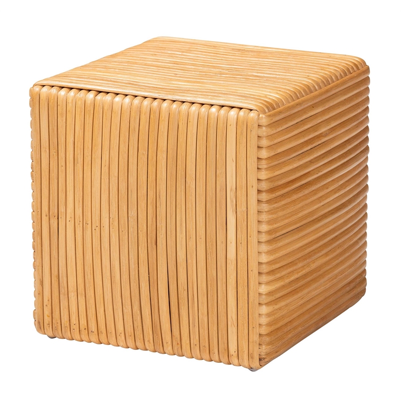 Pemberly Row Light Honey Rattan and Mahogany Wood Square Footstool