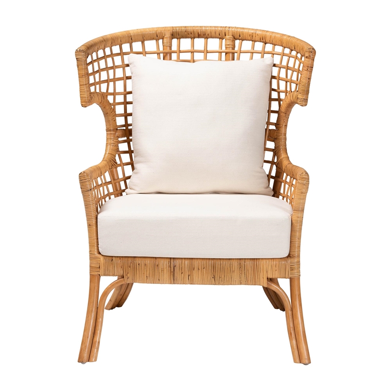 Pemberly Row Light Honey Rattan Lattice Arm Chair with Flared Armrests