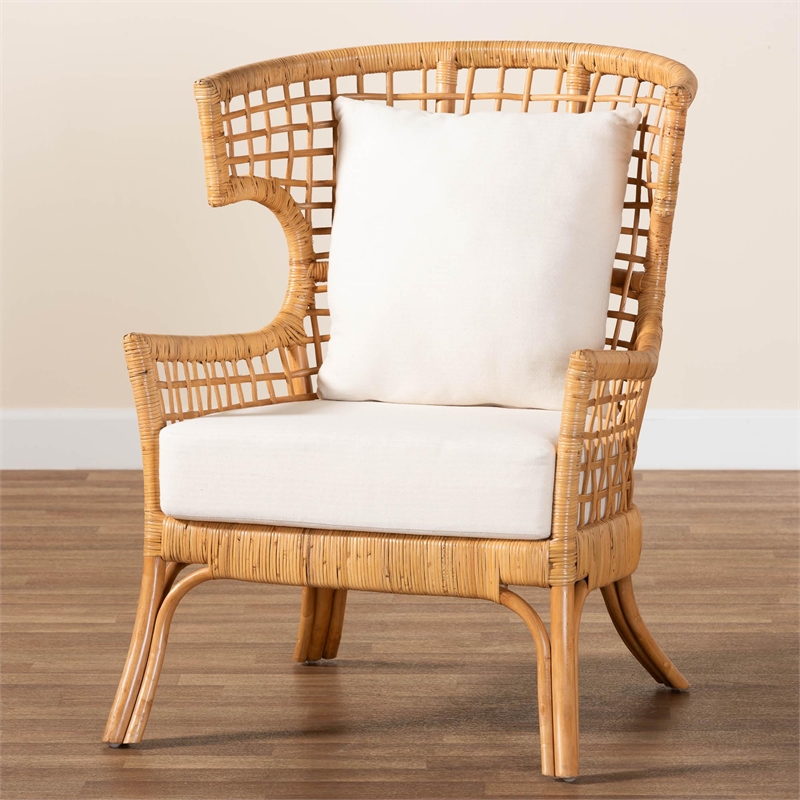 Pemberly Row Light Honey Rattan Lattice Arm Chair with Flared Armrests