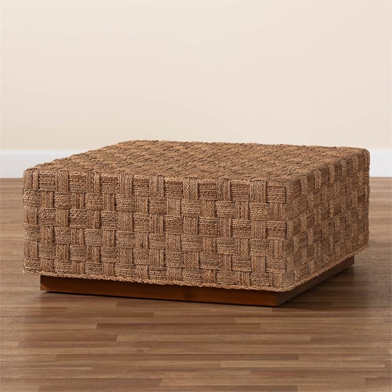 Pemberly Row Natural Seagrass and Acacia Wood Square Coffee Table