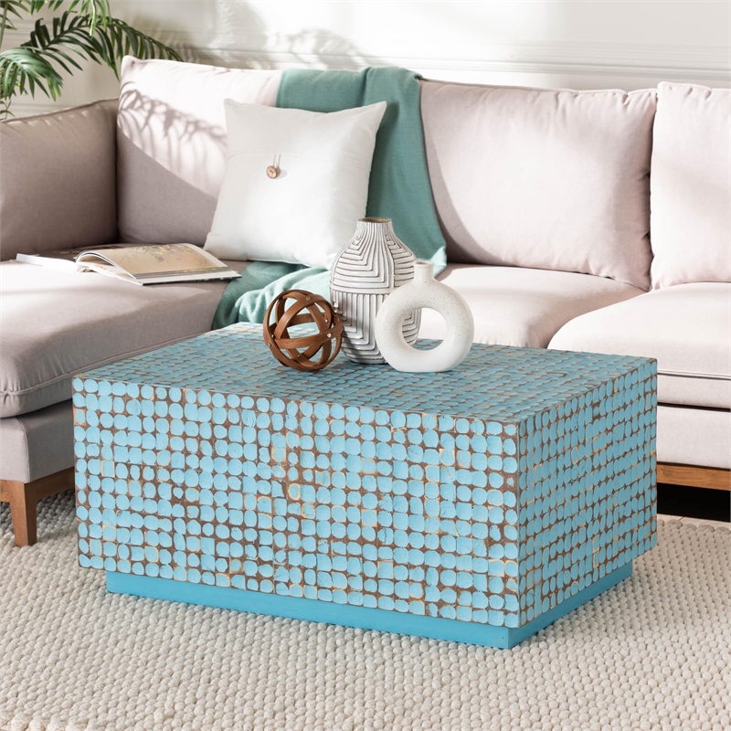 Pemberly Row Blue Coconut Shell and Acacia Wood Rectangular Coffee Table